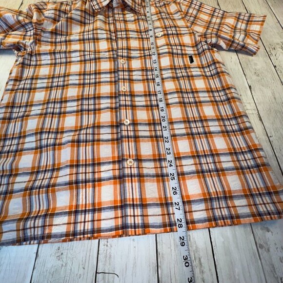 ORVIS Short Sleeve Button Down Shirt Mens Size M Orange White Linen Blend Plaid - Picture 9 of 9
